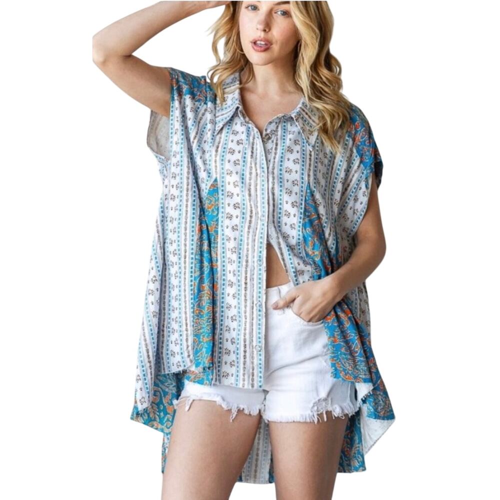 NWOT OLI & HALI Women’s Boho Western Printed Snap Front Swing Tunic - Picture 2 of 9